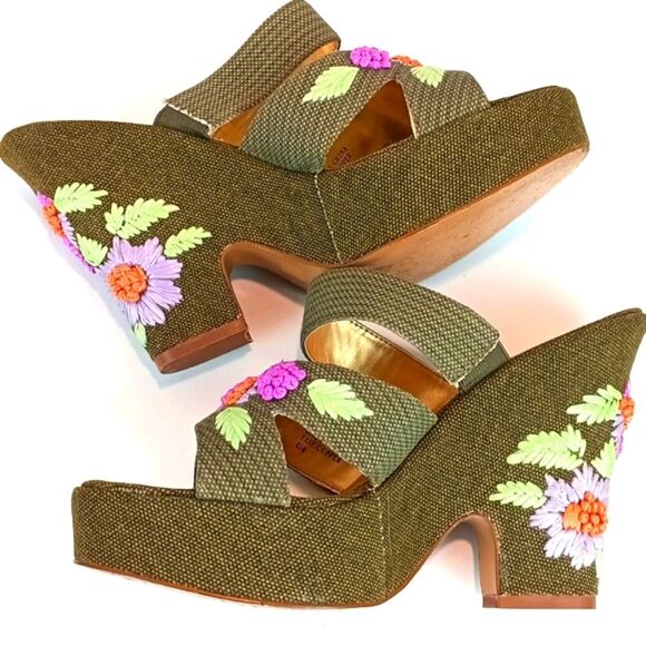 Zinc Women Olive Green Floral Embroidered Wedge Platform Open Toe Sandal sz 8.5 - Picture 4 of 9